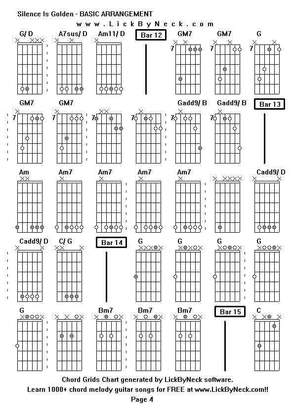 Chord Grids Chart of chord melody fingerstyle guitar song-Silence Is Golden - BASIC ARRANGEMENT,generated by LickByNeck software.